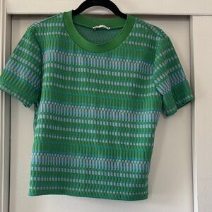Zara Green and Light Blue Striped Short Sleeve Knit Top